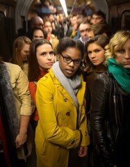 Fototapeta premium Subway Congestion: Crowd of Commuters Standing Inside Packed Train