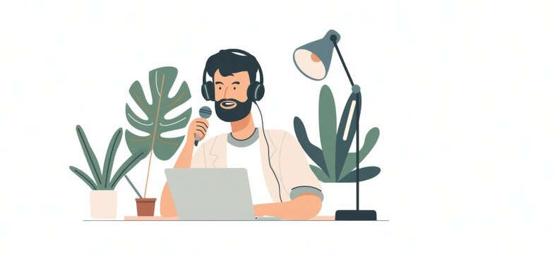Youthful male influencer, sporting beard and headphones, speaking cheerfully to followers, friends, gamers. Scene including microphone, green plants against white background, minimalist card, banner.
