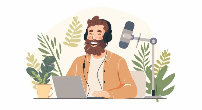 Youthful male influencer, sporting beard and headphones, speaking cheerfully to followers, customers. Scene including microphone, green plants laptop, white background, minimalist card, banner.