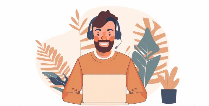 Youthful male worker, sporting beard and headphones, speaking cheerfully to followers, friends, clients. Scene including microphone, green plants laptop, minimalist card, banner.
