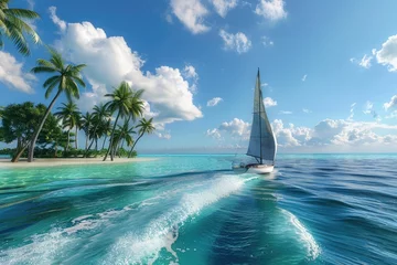 Rolgordijnen A lone sailboat cuts through the turquoise waters of a tropical lagoon, palm trees swaying gently on the shore © Parkpoom