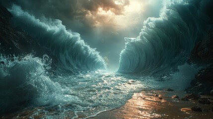 Powerful Wave Crashing Onto Beach Shore - obrazy, fototapety, plakaty