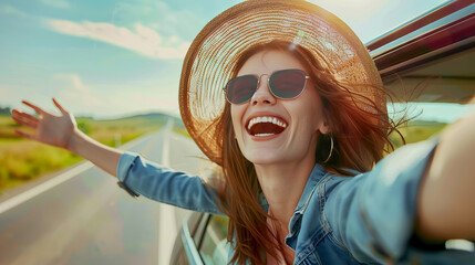 Happy Woman with summer hat and sunglasses Enjoying Freedom with Arms Raised in a Convertible Car Ride - obrazy, fototapety, plakaty