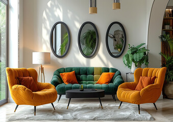 A living room with white walls, three circular mirrors hanging on the wall in different sizes and colors, a sofa covered with yellow pillows, an orange armchair and a wooden floor. Created with AI - obrazy, fototapety, plakaty