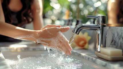 Close-Up of Hands Washing with Soap and Water at Sink, Hygiene and water saving concept - obrazy, fototapety, plakaty