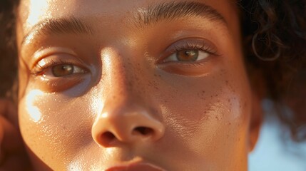 Captivating close-up showcasing the radiant glow of a woman's smooth skin, embodying the transformative power of skincare and cosmetic enhancement.