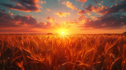 Sun Setting Over Wheat Field - obrazy, fototapety, plakaty