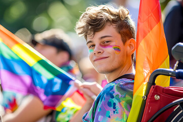 Smiling Young man in wheelchair with Pride Flag at Parade Celebrating Diversity and human rights
