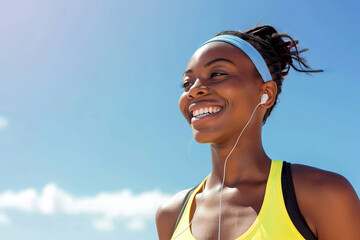 Portrait of African american Woman with Earphones Enjoying Music During Outside Workout against blue sky