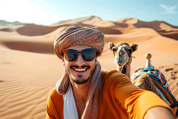 Adventurous Man Taking a Selfie with a Camel in the Desert Dunes - obrazy, fototapety, plakaty