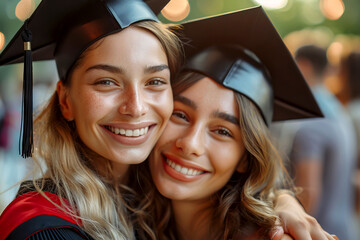 Fototapeta premium close up portrait of two Joyful Graduated female students Celebrating Success at graduation Ceremony