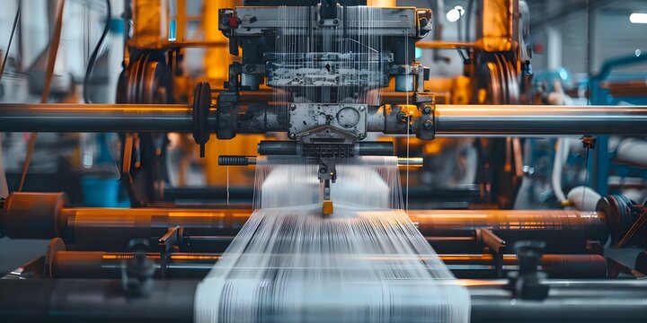 Textile machinery in factory weaving fabrics with precision. Concept Industrial Machinery, Textile Production, Fabric Weaving, Precision Technology