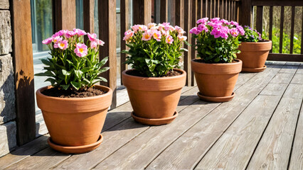 Fototapeta na wymiar Potted flowers on old unpainted wooden floor, on veranda in spring. Decorating house with colorful blooming decorative flowers. Copy space.