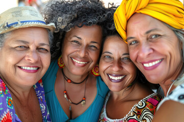 Joyful Group of multiracial Mature Women taking a selfie and smiling at camera