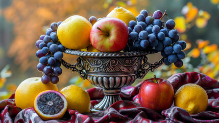 Still life, fruits. Red apples, oranges, violet grapes in antique silver vase, on table with tablecloth. Half lemon. Background of blurred fabric. Close-up. - obrazy, fototapety, plakaty