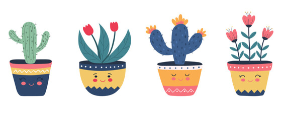 Vector set of colorful kawaii potted cacti and flowers. Cute and happy cartoon characters.