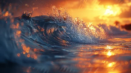 Poster Im Rahmen Majestic Wave in Ocean at Sunset © Ilugram