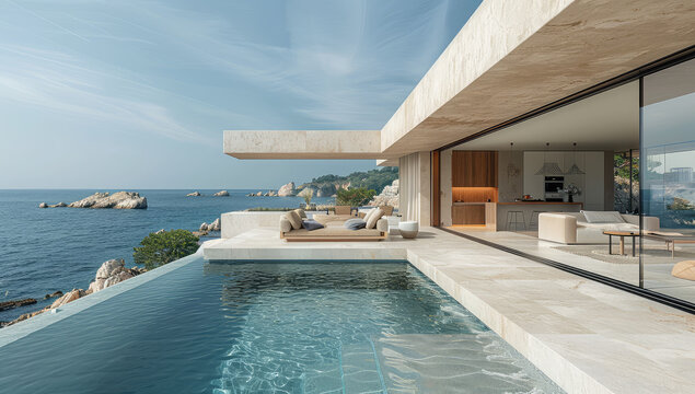 An editorial style photo of an open plan villa with a pool, overlooking the sea. Created with Ai