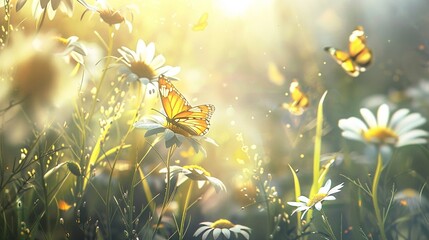 Chamomile flowers basking in the radiant glow of the sun, with butterflies gliding and flitting among the delicate blooms, creating a scene of natural splendor. - obrazy, fototapety, plakaty
