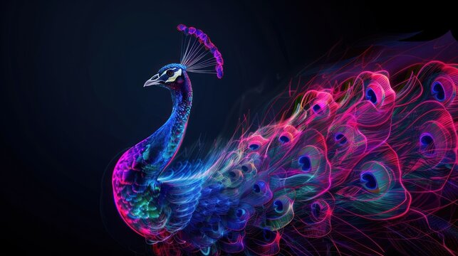 Abstract 3d colorful hologram peacock bird drawing in dark background. AI generated