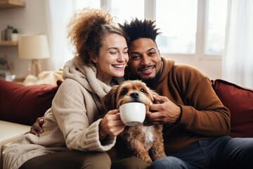 Happy Couple Relaxing on the Sofa with Their Pet Dog - 770938052