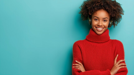 Smiling young woman with headphones wearing a red turtleneck sweater, posing against a teal...