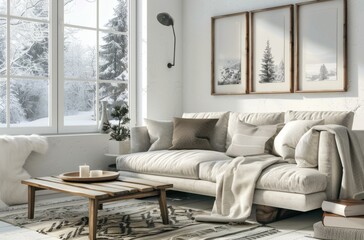 Minimalist living room with a sofa, a wooden coffee table and framed pictures on the wall. Winter landscape outside the window, bright daylight, a neutral color palette