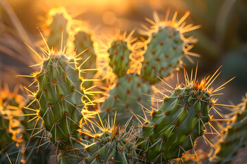 A closeup of cacti with sharp spines and vibrant green leaves - obrazy, fototapety, plakaty