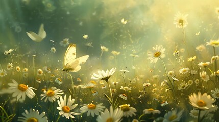 Chamomile flowers blooming profusely on a sun-kissed meadow, attracting butterflies that dance amidst the fragrant blooms in a mesmerizing display. - obrazy, fototapety, plakaty