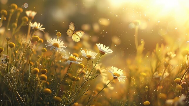 Fototapeta Chamomile flowers swaying gently in the breeze on a sun-drenched meadow, with butterflies adding an enchanting allure to the idyllic scene.