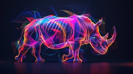 Abstract 3d colorful hologram rhino animal drawing in dark background. AI generated