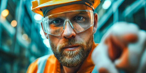 Industrial Worker with Safety Glasses Pointing at Viewer
