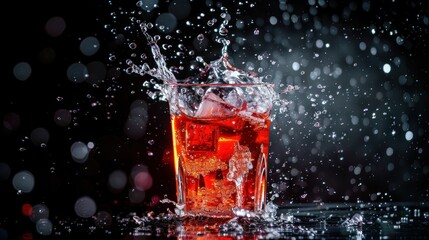 Red water drink splashes out of transparent glass on black background. AI generated image - obrazy, fototapety, plakaty