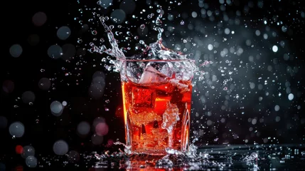 Fotobehang Red water drink splashes out of transparent glass on black background. AI generated image © orendesain99