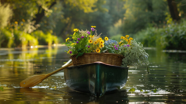 A boat with a basket of wildflowers floating on a quiet river