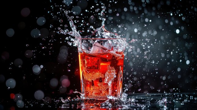 Red water drink splashes out of transparent glass on black background. AI generated image