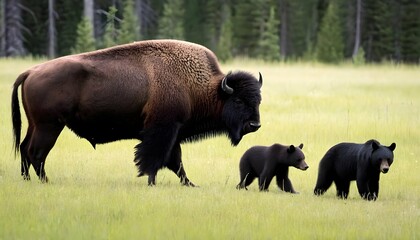 a-bison-with-a-family-of-black-bears-