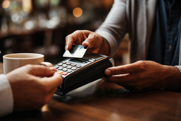 Customer Paying with Credit Card at Coffee Shop - 770939223