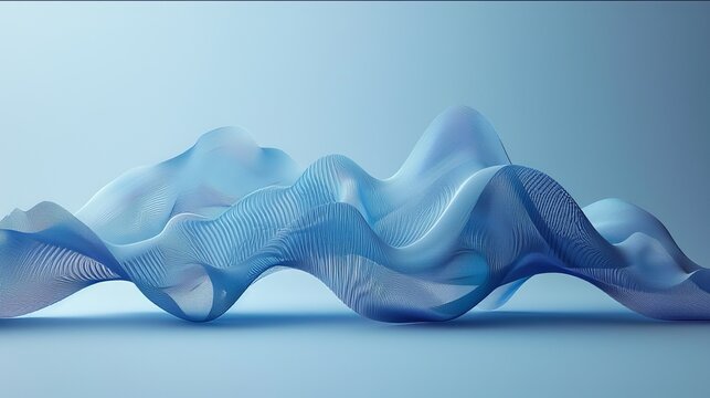 Three-dimensional blue webs inside a light blue room. Technology-themed background with waves of imaginary lines.