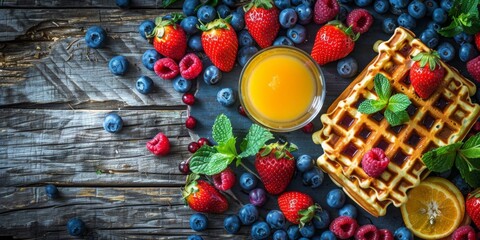Appetizing Belgian waffles with fresh ripe berries and orange juice. View from above.
