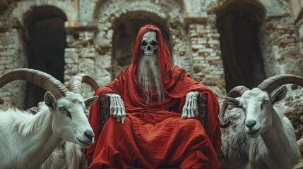 Man in Red Robe Sitting With Goats - obrazy, fototapety, plakaty