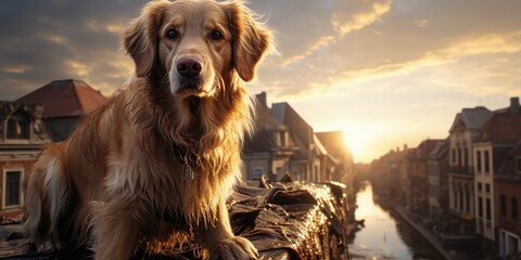 A dog sits on the side of a house during a flood. Theme of natural disasters.