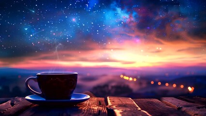 A warm cup of coffee on the roof with city view at night with shooting stars. seamless looping 4k time-lapse animation video background