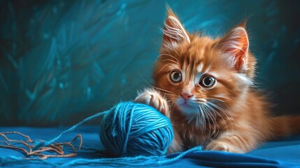Adorable ginger kitten animal playing a blue ball of yarn. AI generated image