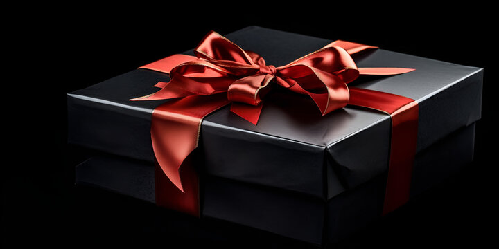 Vista superior de cajas de navidad negras con cinta roja sobre un fondo negro con espacio para copiar texto
