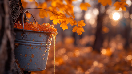 A close-up of a maple tree trunk with a tap inserted, dripping golden sap into a metal bucket against a backdrop of vibrant autumn foliage, symbolizing the start of the maple syrup - obrazy, fototapety, plakaty