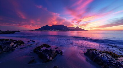 Naklejka premium Cape Town under Table Mountain, sunset colors, wide view for a stunning wallpaper , photographic style