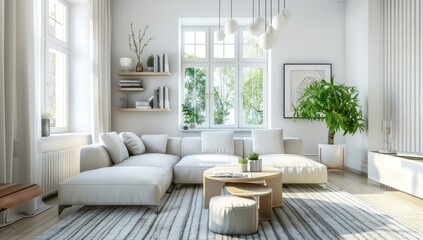 Minimalist living room with pastel sofa and white walls
