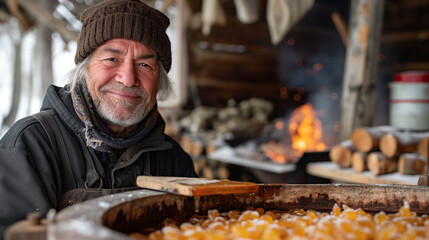 A maple syrup artisan carefully skimming impurities off the surface of a boiling pot of sap, using a wooden paddle, against the backdrop of a roaring fire and billowing clouds of s - obrazy, fototapety, plakaty