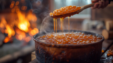 A maple syrup artisan carefully skimming impurities off the surface of a boiling pot of sap, using a wooden paddle, against the backdrop of a roaring fire and billowing clouds of s - obrazy, fototapety, plakaty